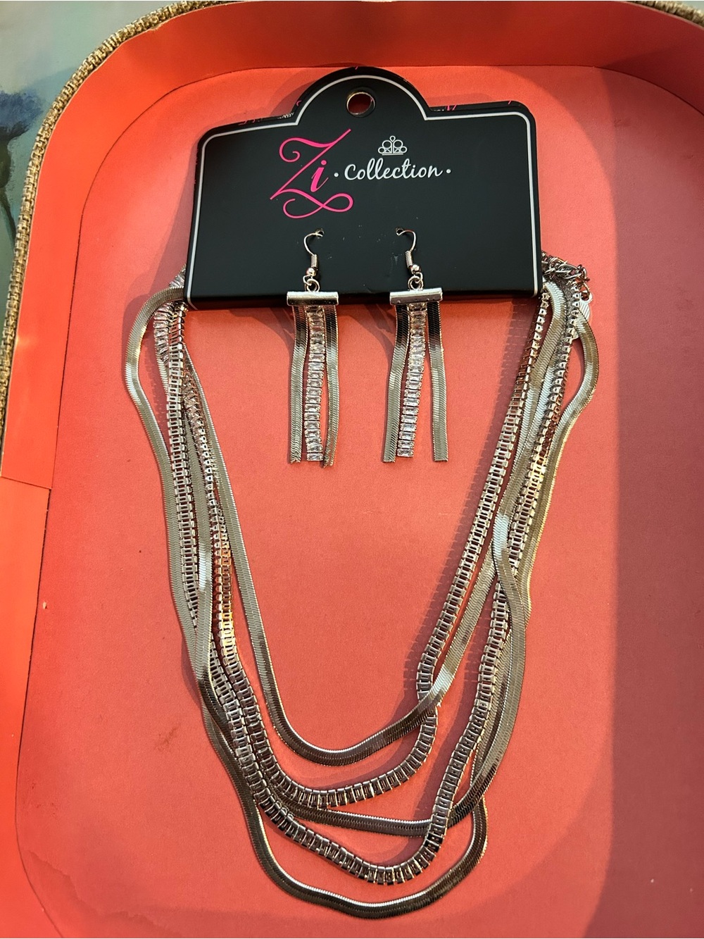 Zi Collection Silver Layered Multi-Chain Necklace with Dangle Earrings